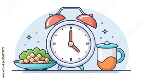 Alarm Clock Shows Suhoor Time Next to Food and Drink