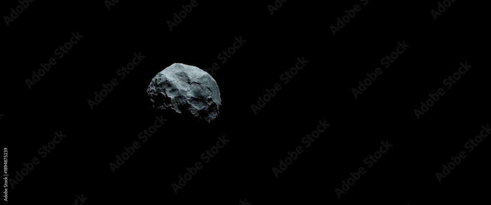 Fototapeta premium Single asteroid featuring craters, set against a dark space background
