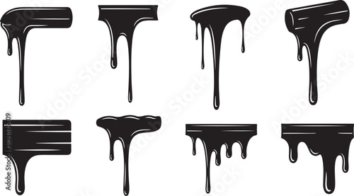 Black paint drips on white background in various shapes