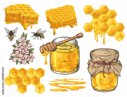 Honey and bees gather around