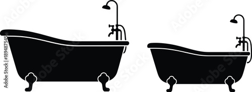 Vintage clawfoot bathtub silhouettes with classic faucet bathroom interior decor black flat vector illustration isolated set design