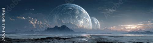 Cosmic landscape of multiple planets alien terrain science fiction art ethereal environment wide-angle view