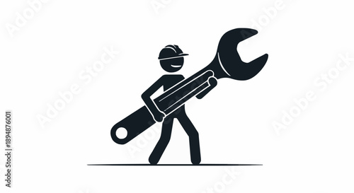 Stick figure worker holding a large wrench tool.