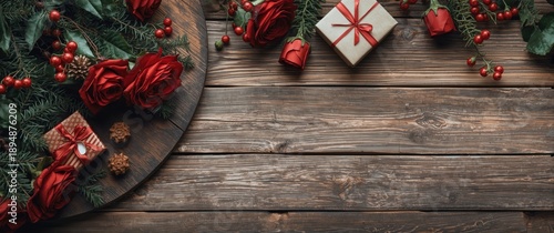 Rustic wooden board featuring a vintage Valentine's Day setting decorated with red roses and gift boxes