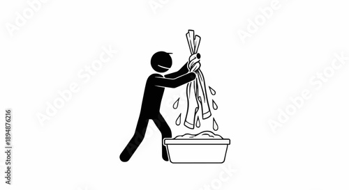 Stick figure washing clothes by hand in a basin.