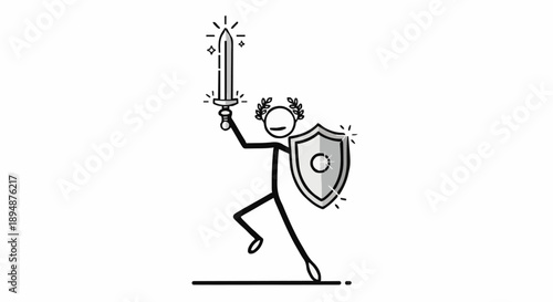 Stick Figure Warrior Holding Sword and Shield.