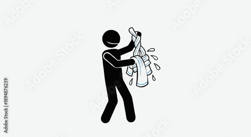 Stick figure washing clothes with water splashing.