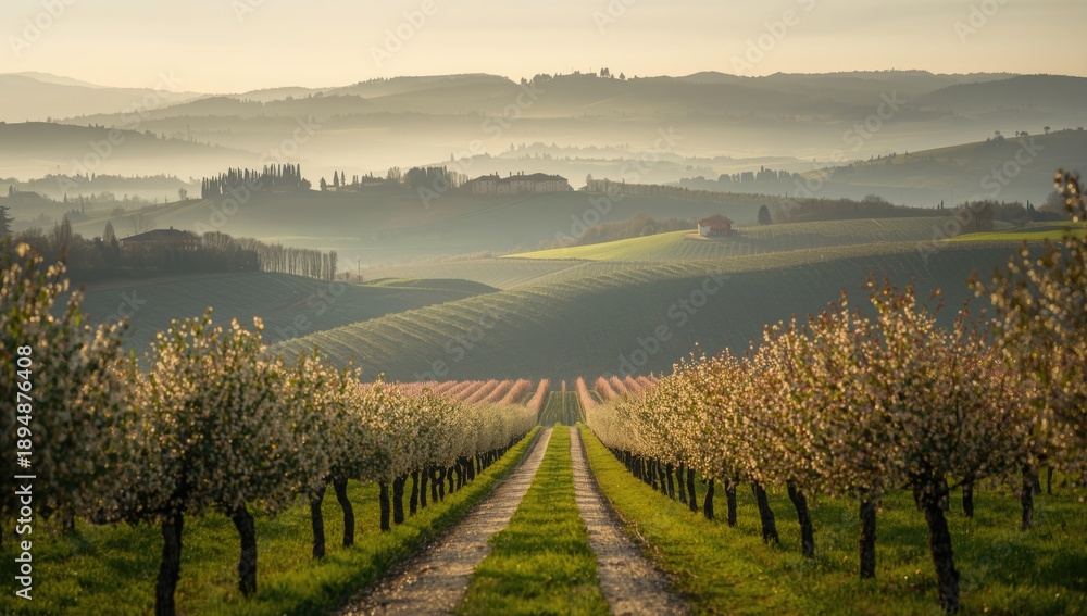 Fototapeta premium Scenic view of cultivated olive and peach trees on hilly terrain in Emilia Romagna, suitable for landscape layouts