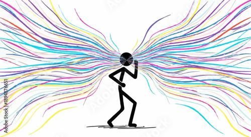 Stick figure with colorful lines emanating from head.