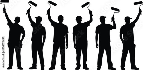 Painter worker silhouettes holding paint roller tools professional house painting service black flat vector illustration isolated set collection