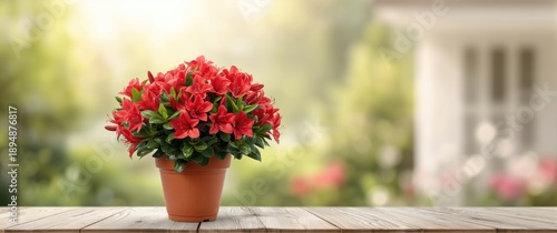 Bright red azalea blooms in a flower pot