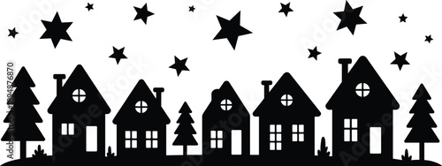 Night village house silhouettes with trees and stars, cozy countryside town skyline, black flat vector illustration