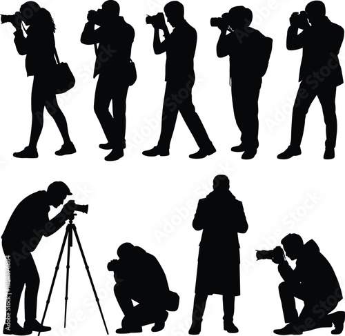 Photographer silhouettes shooting with professional cameras media journalism people black flat vector illustration isolated set collection