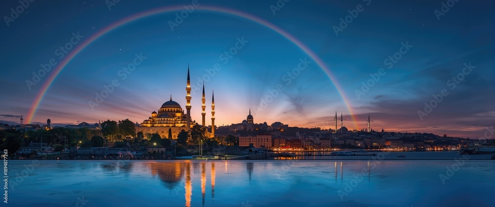 Naklejka premium Rainbow over Istanbul - Blue Mosque, Turkey, City Life, Summer Vacation, Night Sky