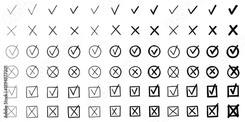 Hand-drawn doodle set of check marks and crosses on a white background.