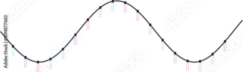 Colorful string lights on a wavy line, festive decoration, isolated on transparent background