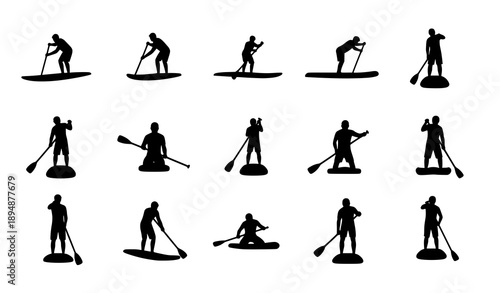 SUP paddleboarding silhouette SVG icons vector set