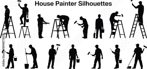 House painter silhouettes working on ladders with paint rollers buckets professional renovation black flat vector illustration isolated set