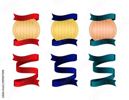 クリムゾンブライトレッド・ミッドナイトネイビーブルー・ディープティールグリーンの3色の波打つサテンのリボンが上下に巻かれた縦縞ストライプの円形メダルフレームと、縦型S字ウェーブバナーのベクターイラスト3色セット