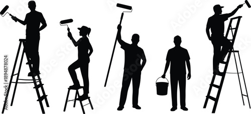 House painter silhouettes working on ladder with roller bucket tools professional renovation service black flat vector illustration set