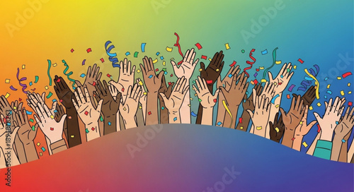 Diverse hands raised in celebration against a vibrant rainbow background.