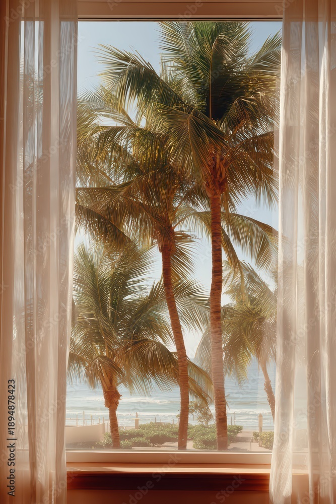 Fototapeta premium Tropical beach view through sheer curtains framing vibrant palms and ocean waves on a sunny day