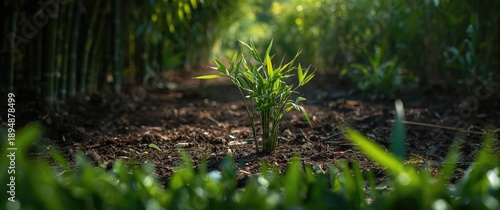 Obraz  z motywem Emerging bamboo shoots near bamboo clusters in a natural agricultural setting