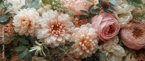 Beautiful pastel floral display showcasing pink and white flowers with greenery, suitable for weddings or decor