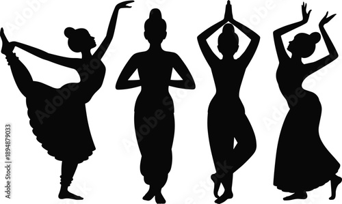 Female dancer silhouettes performing classical and contemporary poses graceful movement art black flat vector illustration isolated set