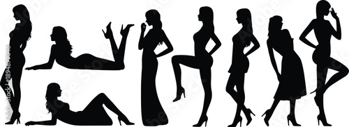 Elegant women silhouettes in fashion poses wearing heels, stylish female body shapes, glamour lifestyle concept black flat vector illustration