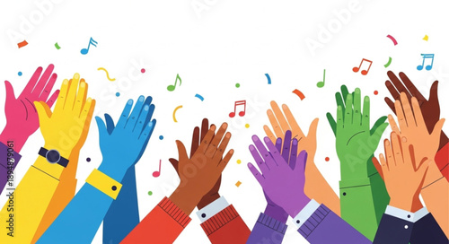 Diverse group of people clapping hands with confetti and music notes.