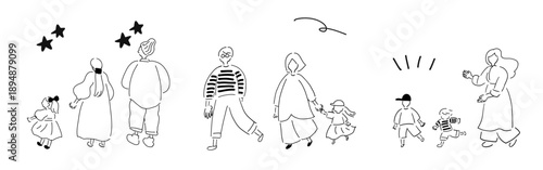 おでかけファミリー、元気なキッズ、ママ、パパ、にぎやか｜線画,ハンドドローイング,ベクターイラスト｜Family&Kids,vector illustration