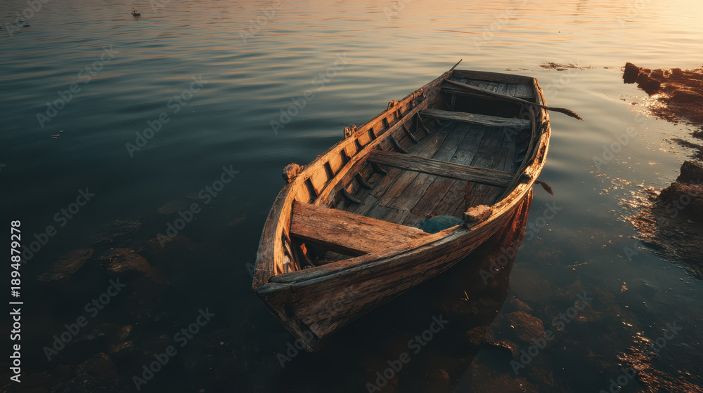 Obraz premium Sunset reflection on abandoned boat tranquil water nature photography serene environment low angle stillness of time