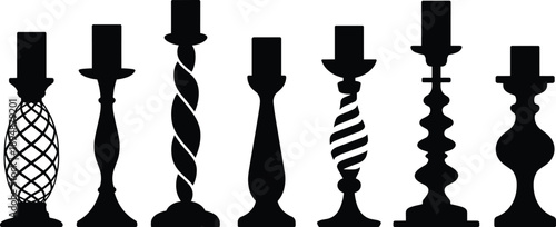 Decorative candle holder silhouettes collection with vintage carved shapes elegant home decor black flat vector illustration isolated set