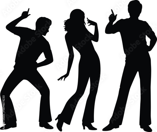 Dancing people silhouettes disco retro poses party nightlife celebration black flat vector illustration isolated set design collection