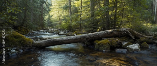 Panel kuchenny z motywem Stream in the forest featuring a fallen tree