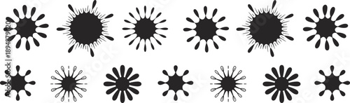 Abstract black ink blot shapes set, organic splash symbols, minimal grunge elements, modern artistic stains collection isolated on white background