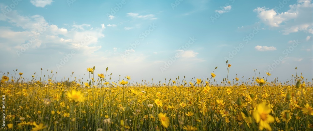 Fototapeta premium Blooming meadow in summer with blue skies and fluffy clouds