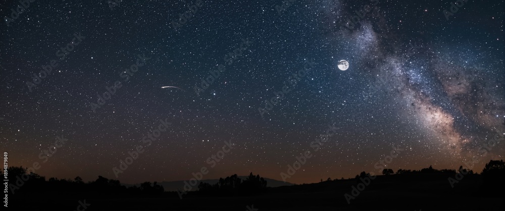 Fototapeta premium Full Moon and Milky Way Illuminating the Sky with Shooting Star Above Landscape Silhouettes