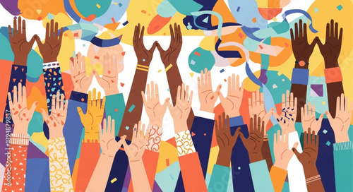 Diverse group of people raising hands in celebration and joy.