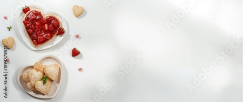 Heart-shaped plates and stand with delicious strawberry pie and cookie hearts for Valentine's Day on white backdrop