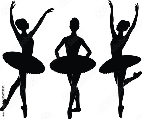 Ballerina silhouettes performing classical ballet poses graceful tutu dance art black flat vector illustration isolated set collection