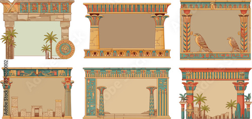 Ancient Egyptian architectural frames collection, colorful temple columns hieroglyphic borders, pharaoh motifs and palm trees illustrations isolated on white background