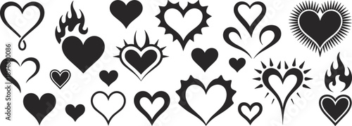 Black heart icons set, romantic love and passion symbols collection, modern flat vector silhouettes, decorative emotional shapes, white background