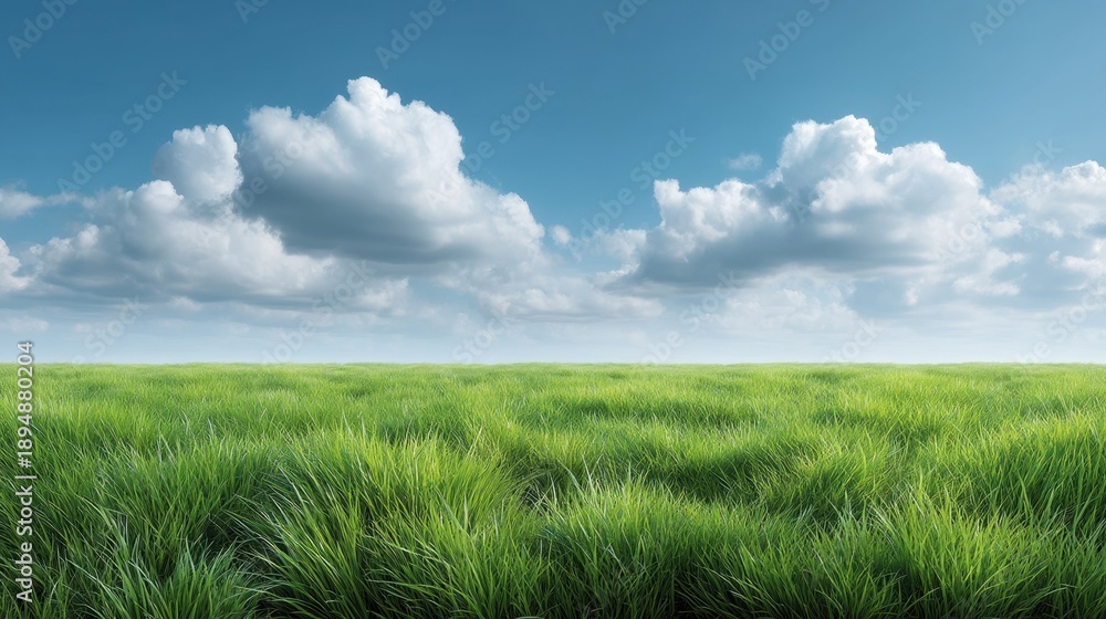 Fototapeta premium Serene Landscape of Lush Green Grass Under a Bright Blue Sky with Fluffy White Clouds for Nature and Outdoor Concepts
