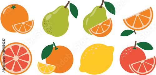 Collection of colorful citrus and pear fruit illustrations isolated on white background, flat style fresh fruit vector icon set