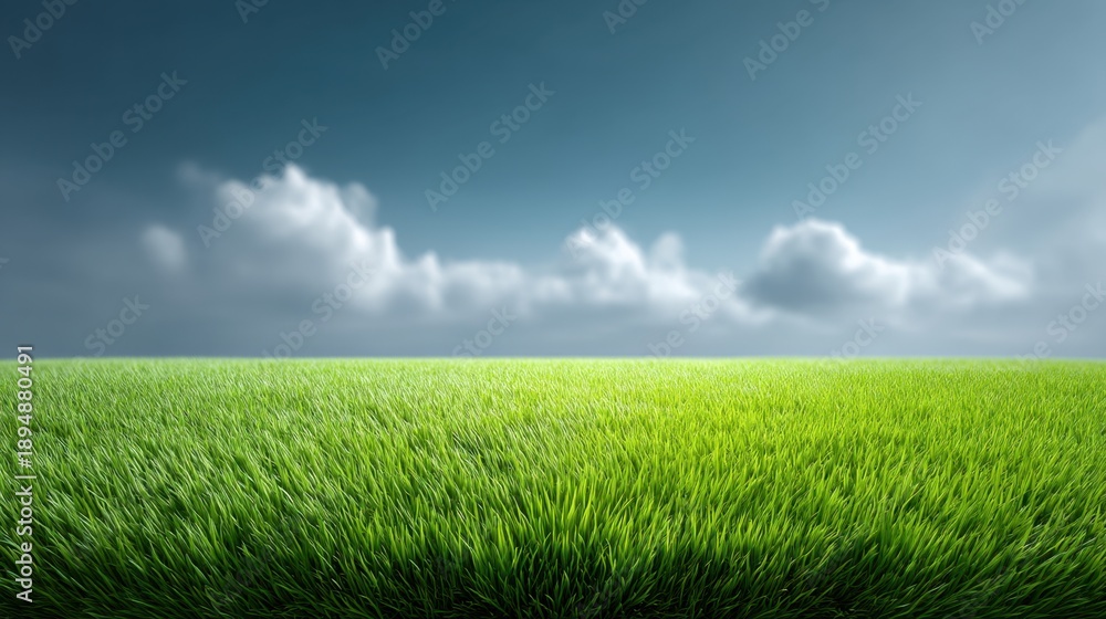 Obraz premium Lush Green Grassland Under a Bright Blue Sky with Soft White Clouds and a Serene Atmosphere Inviting Nature Lovers to Experience Tranquility