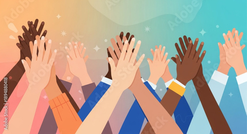 Diverse group of people raising hands together in celebration.