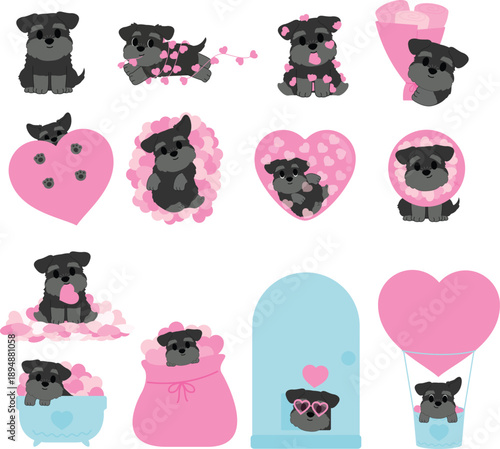 Cute Schnauzer Puppies with Hearts Valentine's Day Collection
