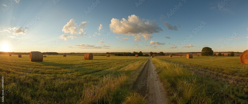 Fototapeta premium picturesque evening scene with haystacks in a farmland landscape, capturing harvesting and farming life, serene hay bale scenery, tranquil rural setting